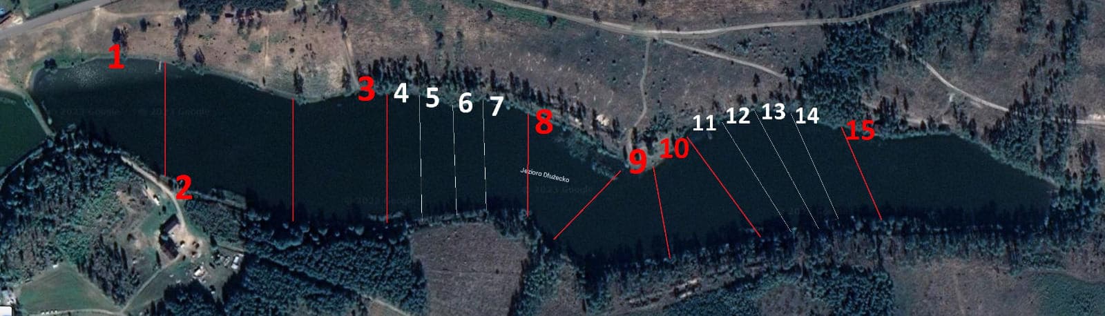 Mapa stanowisk wędkarskich - rozmieszczenie numerowanych stanowisk na łowisku